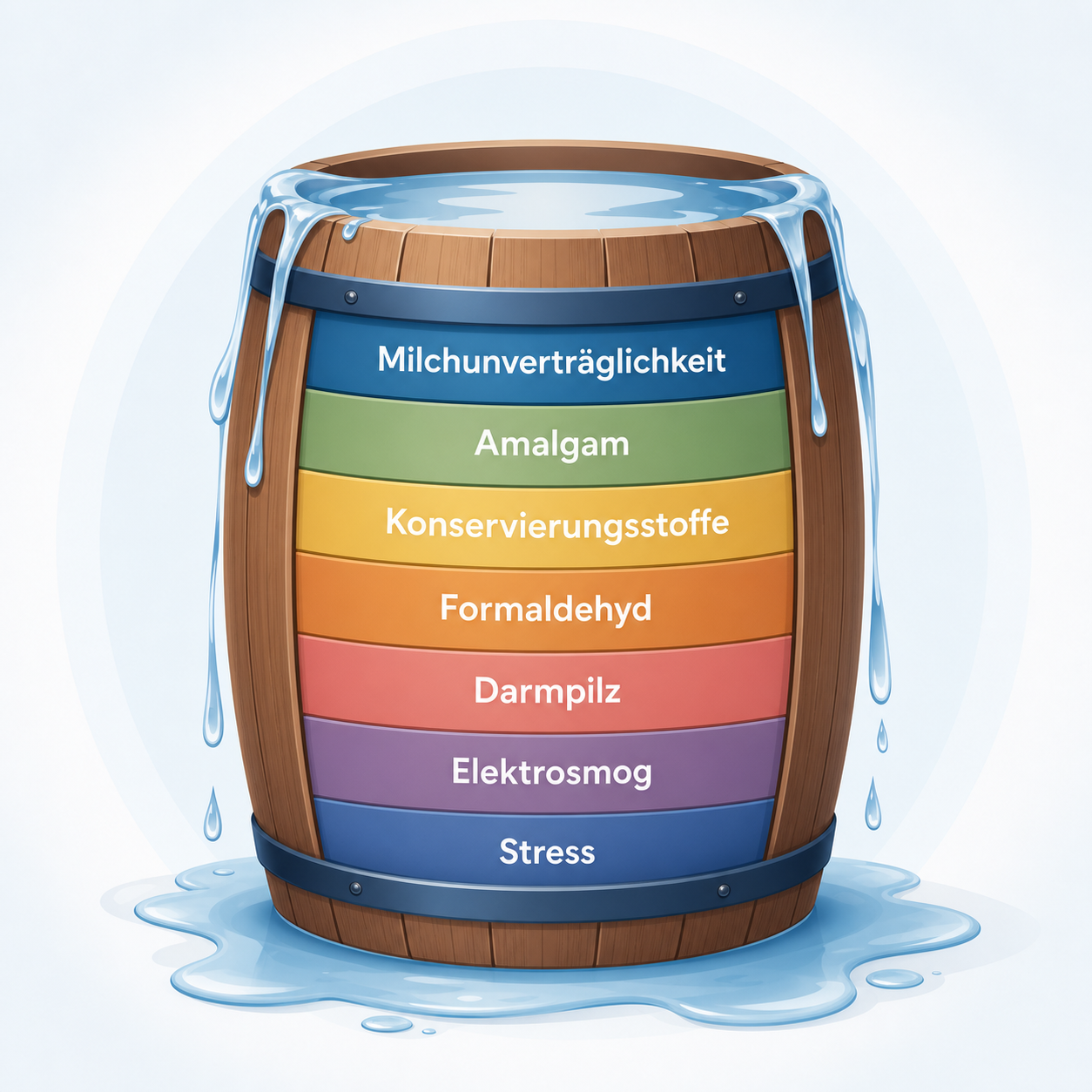 Modern dargestelltes Fassmodell mit verschiedenen Belastungsfaktoren